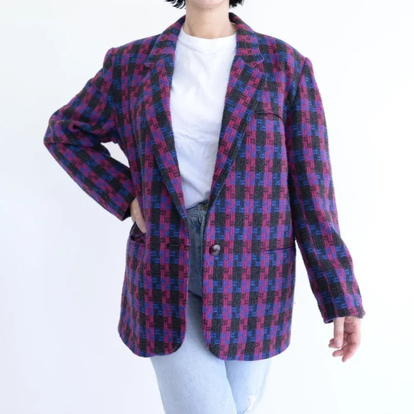 Jackets & Blazers - Vintage Eaton Attitude  Fuchsia & Blue Checker 25% Wool Single Button Blazer 11